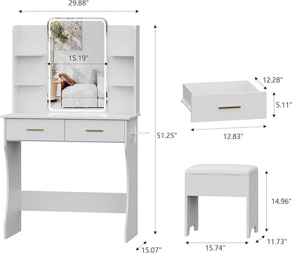 Small Vanity Desk with Mirror and Lights, Makeup Vanity with LED Lights, White Vanity Mirror with Lighted Desk and Chair, 3 Lighting Adjustable Compact Dressing Table with Mirror for Women, Girls