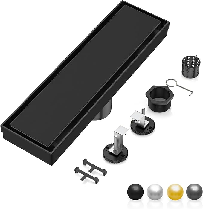 DLONE Linear Shower Drain | 12" AISI 304 Stainless Steel Linear Drain, Matte Black Shower Drain with Tile Insert Panel & Adjustable Feet, Long Rectangle Shower Floor Drain in Bathroom, Balcony, etc