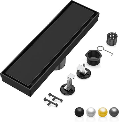 DLONE Linear Shower Drain | 12" AISI 304 Stainless Steel Linear Drain, Matte Black Shower Drain with Tile Insert Panel & Adjustable Feet, Long Rectangle Shower Floor Drain in Bathroom, Balcony, etc
