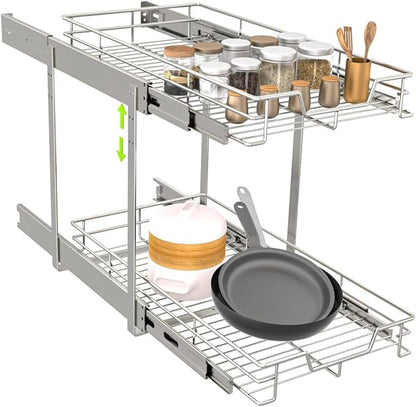 EZKAZA Pull Out Cabinet Organizer 9.5" W x 21" D, 2-Tier Kitchen Cabinet Pullout Shelf and Drawer Organizer Slide Out Pantry Storage Basket, 8.2" W x 21" D x 2.4" H for Bottom Basket Size