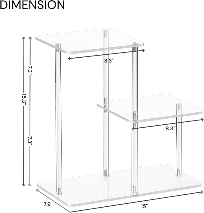 Acrylic Desktop Bookshelf, 7.9" D x 15" W x 15.3" H, Small Desktop Shelves Organizer, 3-Tier Clear Mini Table Top Shelf for Office Supplies and Desk Accessories, Easy Assembly