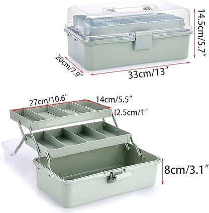 BTSKY 3-Layer Plastic Dividing Storage Box Craft Organizer and Storage with Adjustable Spacers Portable Handled Art Supply Organizer Multipurpose Home Utility Box for Medicine Sewing(Haze Green)