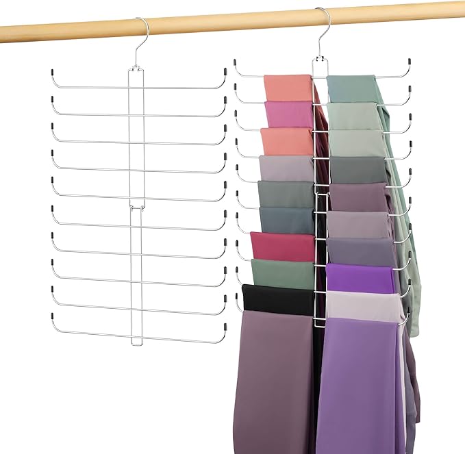 Legging Hanger, Metal Hanging Legging Hangers for Closet Organizer Holds 20 Women's XS-XL & Girls' Leggings, 360° Rotating Foldable Yoga Pants Hangers Space Saving, Silver