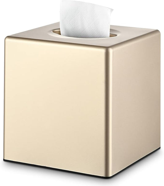 Y-in Hand Tissue Box Cover, Decorative Modern Square Facial Storage Tissue Box Holder, Home Accessories for Bathroom Vanity Countertops, Dressers, Night Stand, Parlors and Office - Champagne Gold