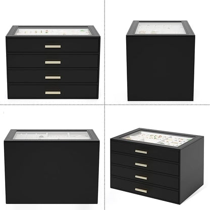 AKOZLIN Jewelry Box with Clear Lid Functional Leather Jewelry Storage Organizer Case 4 Drawers for Women Girls Necklace Ring Bracelet Earring