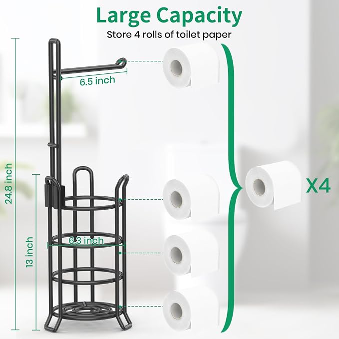 TomCare Toilet Paper Holder Toilet Paper Stand and Dispenser for 3 Spare Rolls Metal Wire Free-Standing Toilet Tissue Paper Roll Storage Shelf Bathroom Accessories Storage Organizer Black