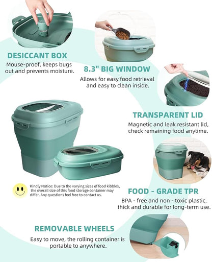 32-35 Lbs Dog Food Storage Container Collapsible Dog Food Container with Airtight Lids, Wheels, Scoop and 2pcs Food Storage Containers, Large Pet food storage for Dog, Cat