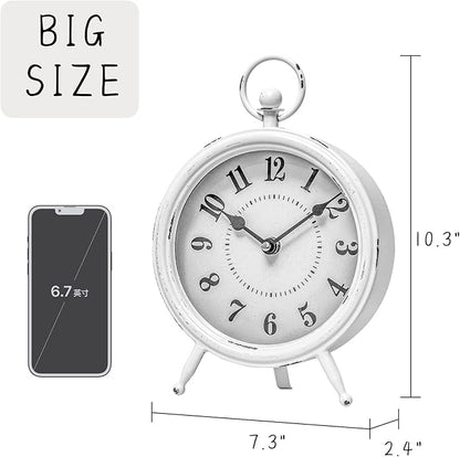 MACVAD Vintage Rustic White Table Clock on Stand, Decorative Desk and Shelf Clock Farmhouse Mantel Clock Rustic Non-Ticking Clock