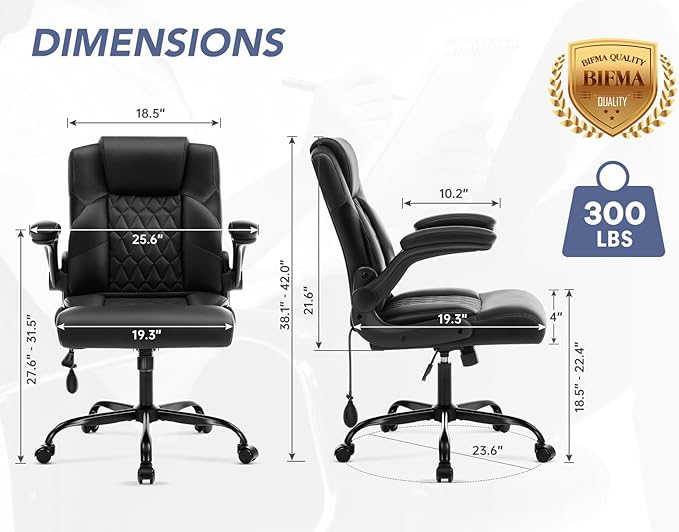 Office Chair with Adjustable Inflatable Lumbar Support,Leather Ergonomic Computer Desk Chair with Flip-up Arms,Adjustable Tilt Lock,Swivel Rolling Executive PC Chair for Work,Study,Meeting.Black
