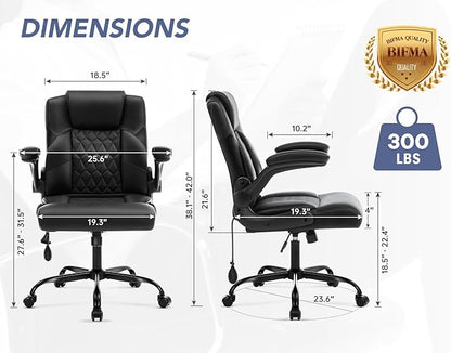 Office Chair with Adjustable Inflatable Lumbar Support,Leather Ergonomic Computer Desk Chair with Flip-up Arms,Adjustable Tilt Lock,Swivel Rolling Executive PC Chair for Work,Study,Meeting.Black