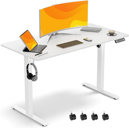 48 x 24 Inch Electric Standing Desk Adjustable Height, Sit Stand Desk with Wheels, Stand up Desk for Home Office, Computer Workstation (Spliced Desktop,White)