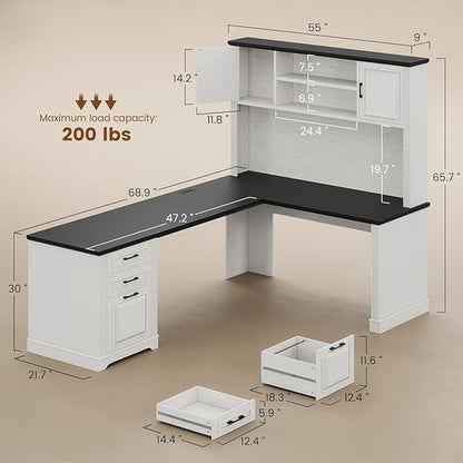 Itaar Farmhouse Executive L Shaped Desk, Home Office Desk with File Drawer and Power Outlet, Computer Corner Desk with Hutch and Drawer, Workstation for Office Home, White