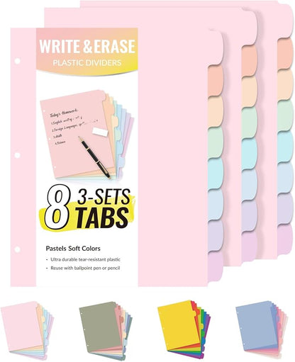 Sooez 8 Tabs Long-Lasting Plastic Write & Erase Large Tabs Dividers for 3 Ring Binder, Aesthetic Cute Pastels Binder Dividers for Student, Teacher, Office, Home Organizers, 3 Sets, Pastels Color