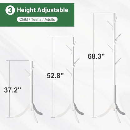 kiplant Coat Rack Stand with 8 Hooks, Adjustable Coat Standing Tree Easy Assembly for Coats, Hats, Scarves and Handbags for Entryway, Hallway, Bedroom, Office (Bamboo, White)