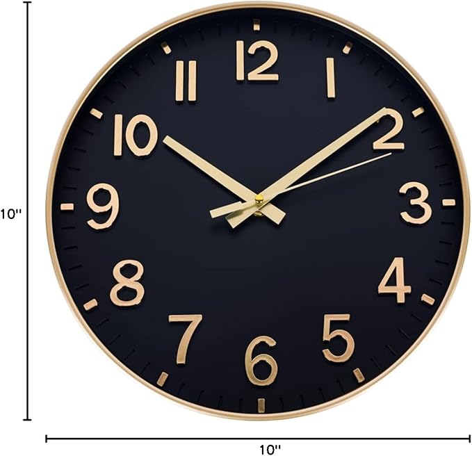 HZDHCLH Wall Clocks Battery Operated,Wall Clock Black Gold,10 inch Wall Clock Silent Non Ticking Modern 3D Numbers for Kitchen Bedroom Living Room Office Classroom Decor