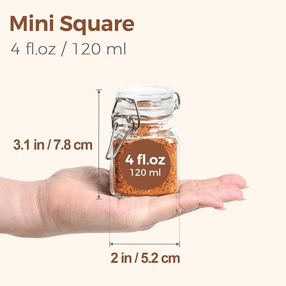 ComSaf Set of 6 Square Glass Spice Jars with Airtight Lids (4 Oz), Mini Favor Jars with Wire Clamp for Honey, Herbs & Farmhouse Kitchen Pantry Organization, with Funnel & Labels
