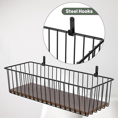 Wetheny Extra large Hanging Wire Basket with Detachable Wood Base and Steel Hooks - Farmhouse Décor Toilet Paper Basket - Wire Storage Basket for Bathroom, Kitchen, Pantry, Garage ( Pack 2 )