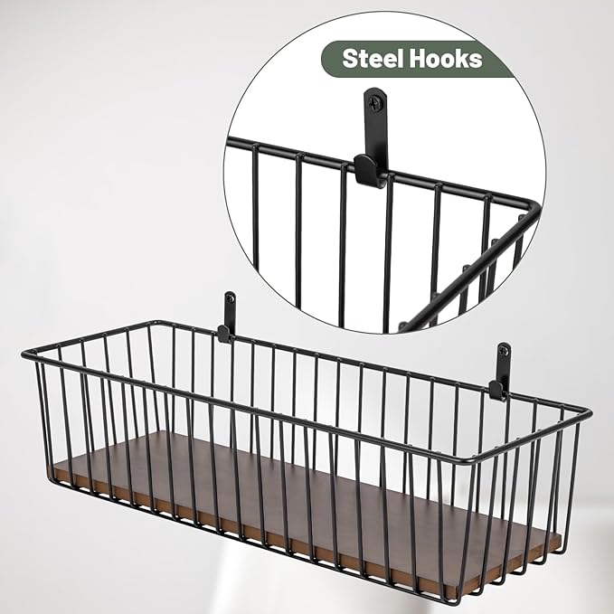 Wetheny Extra large Hanging Wire Basket with Detachable Wood Base and Steel Hooks - Farmhouse Décor Toilet Paper Basket - Wire Storage Organizer for Bathroom, Kitchen, Pantry, Garage ( 1 Pack)