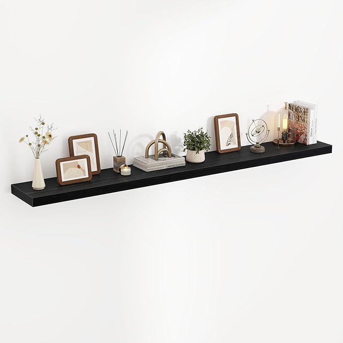 Acovy 72 Inch Floating Shelves, 3D Textured Wood Grain, 72"x9.25"x1.5" Inch Deep Floating Shelves for Wall, Wooden Shelves for Bathroom, Bedroom, Living Room, Black, 1 Piece