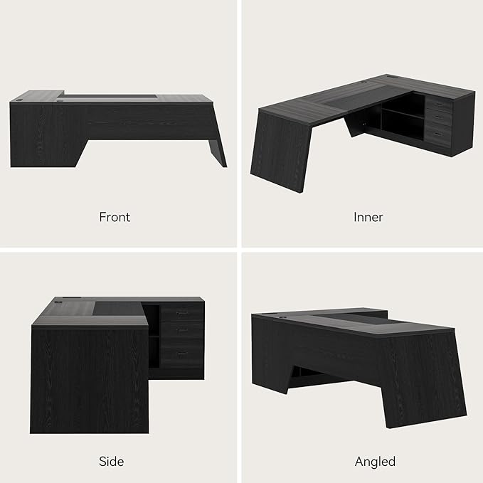 78 Inch L Shape Executive Desk, Large Modern Home Office Desk with Drawer and Cord Hold Management, Wooden Business Furniture for CEO Boss Manager, Black Gray