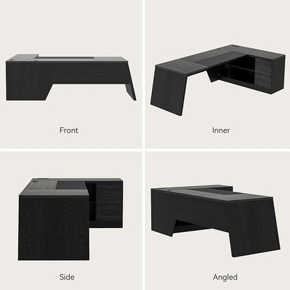 78 Inch L Shape Executive Desk, Large Modern Home Office Desk with Drawer and Cord Hold Management, Wooden Business Furniture for CEO Boss Manager, Black Gray