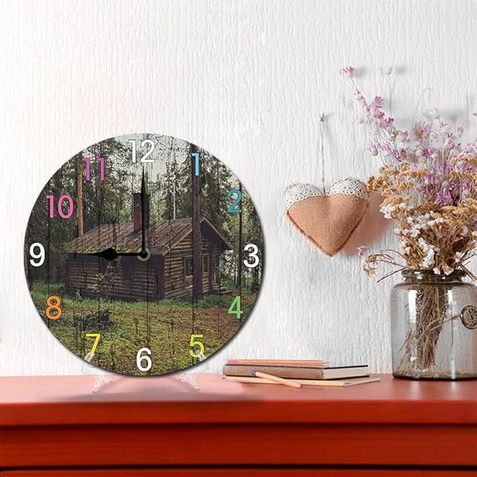 Forest Wooden House Wall Clock 10 Inch Wooden Battery Operated Autumn Forest Maple Leaves Wall Clocks Decorative Indoor,Decorative for Kitchen Bathroom Bedroom