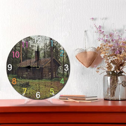 Forest Wooden House Wall Clock 10 Inch Wooden Battery Operated Autumn Forest Maple Leaves Wall Clocks Decorative Indoor,Decorative for Kitchen Bathroom Bedroom