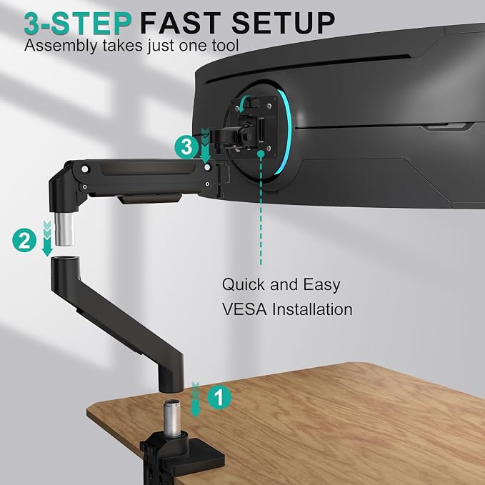 WALI Heavy Duty Single Monitor Arm for 13-49 inch 1000R Curved Screens, up to 44 Lbs, Adjustable Single Monitor Desk Mount with C-Clamp, Grommet Base, 75/100mm VESA Mount (GSM001XL), Black
