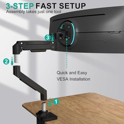 WALI Heavy Duty Single Monitor Arm for 13-49 inch 1000R Curved Screens, up to 44 Lbs, Adjustable Single Monitor Desk Mount with C-Clamp, Grommet Base, 75/100mm VESA Mount (GSM001XL), Black