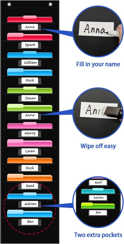 REGELETO 12 Pockets File Storage Pocket Chart with 12 Nametag Pockets,Hanging Wall File Organizer for Classroom and Office, Organize Your Assignments, Files, Scrapbooks, Paper (Black)