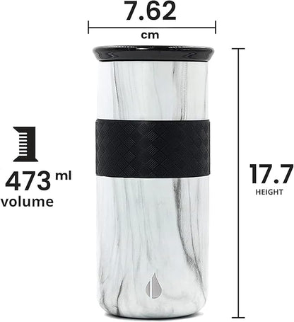 Elemental Artisan Insulated Tumbler, Triple Wall Coffee Travel Tumbler, Reusable Stainless Steel with Ceramic Lid, Thermal Coffee Cup for Hot (6 Hrs) & Cold (18 Hrs) 16oz - White Marble