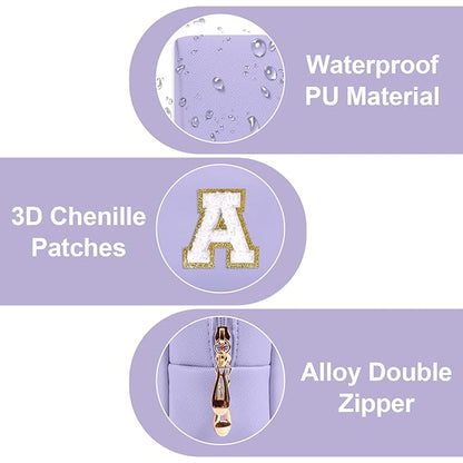 Personalized Makeup Bag Initial A-Z Preppy Patch Bag,Small PU Leather Travel Cosmetic Bag Pouch with Zipper,Purple Cute Toiletry Bag,Gift Ideal for Teen Girls Women Birthday Friend Mom,Latter A