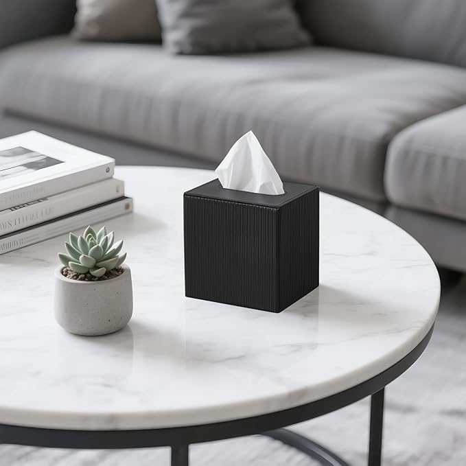 Mkono Tissue Box Cover PU Leather Square Tissue Box Holder with Bottom, Decorative Facial Cube Organizer for Bedroom Bathroom Dresser Vanity Countertop Night Stands Home Office Desk (Black)