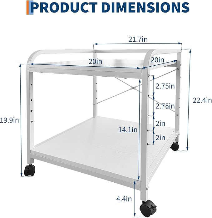 Garvee Under Desk Printer Stand, 2 Tier Printer Stand with Height Adjustable Storage Shelf, 20" Deep Large Rolling Printer Cart with Wheels for Home Office, White