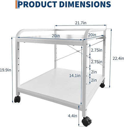 Garvee Under Desk Printer Stand, 2 Tier Printer Stand with Height Adjustable Storage Shelf, 20" Deep Large Rolling Printer Cart with Wheels for Home Office, White