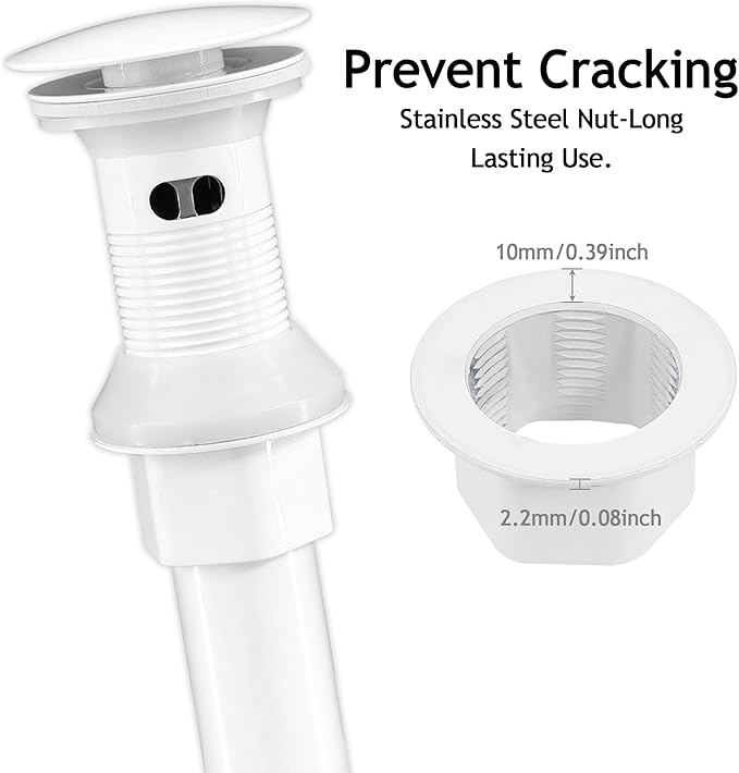 Bathroom Sink Drain,2 Pack White Drain Stopper Bathroom Sink With Overflow,Pop Up Drain Assembly with Detachable Strainer Basket,Built-in Anti-Clogging, Stainless Steel Nut