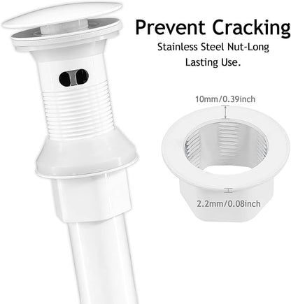 Bathroom Sink Drain,2 Pack White Drain Stopper Bathroom Sink With Overflow,Pop Up Drain Assembly with Detachable Strainer Basket,Built-in Anti-Clogging, Stainless Steel Nut