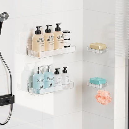 Sotfamily Clear Shower Caddy, Acrylic Wall Mounted Shower Shelves with Soap Dish & Adhesive Pads for Bathroom Organizers and Storage, No Drill Shower Caddies for Bathroom Decor