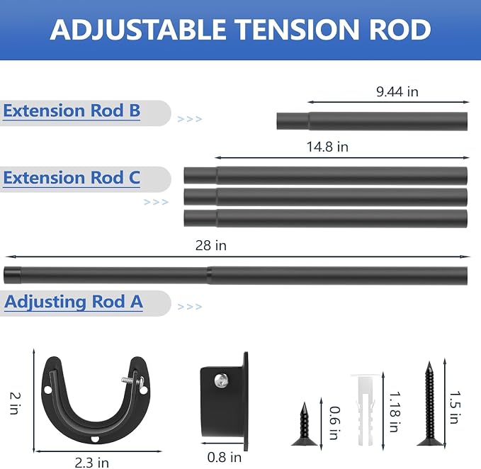 SUTINE Closet Rod, 17 to 68 Inch Closet Rods for Hanging Clothes, Heavy Duty Adjustable Clothes Hanging Bar Rod Matte Black Closet Poles for Wardrobes, Closet, Bathroom, Windows,1.3 Inch Diameter