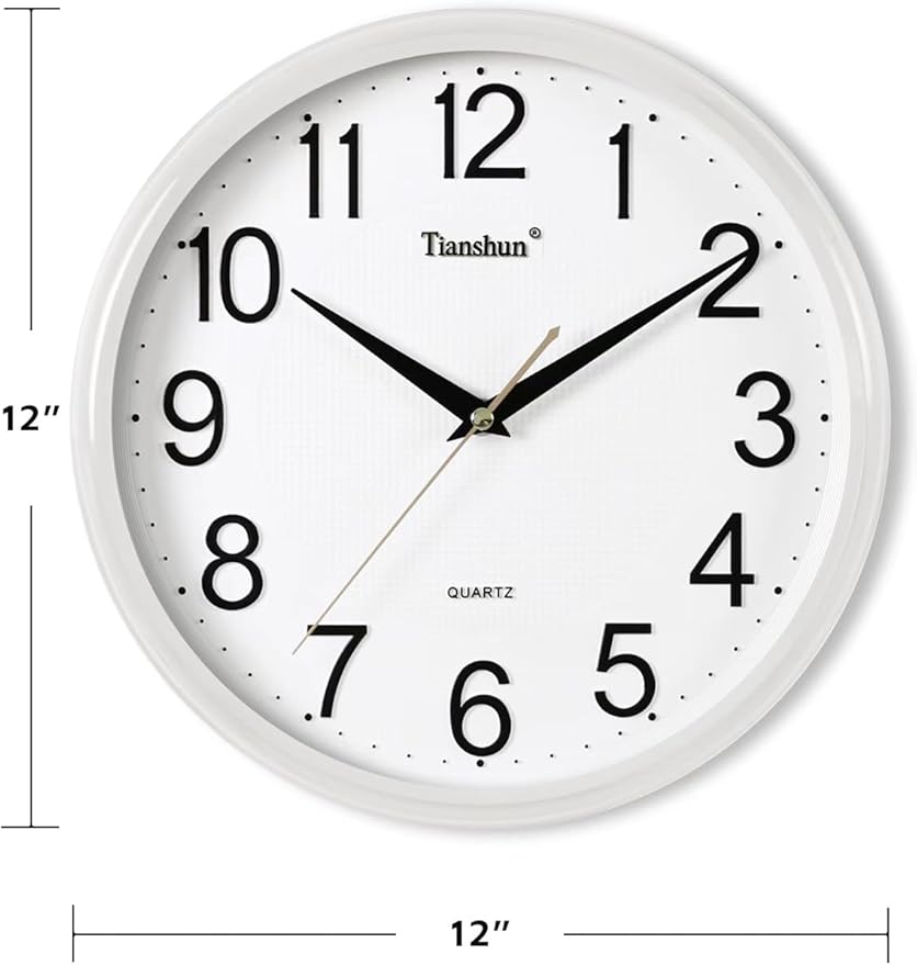 Wall Clock Silent Non-Ticking Battery Operated 12 Inch Wood Grain Large Easy to Read 3D Numbers for Office Living Room Bedroom Kitchen (White)