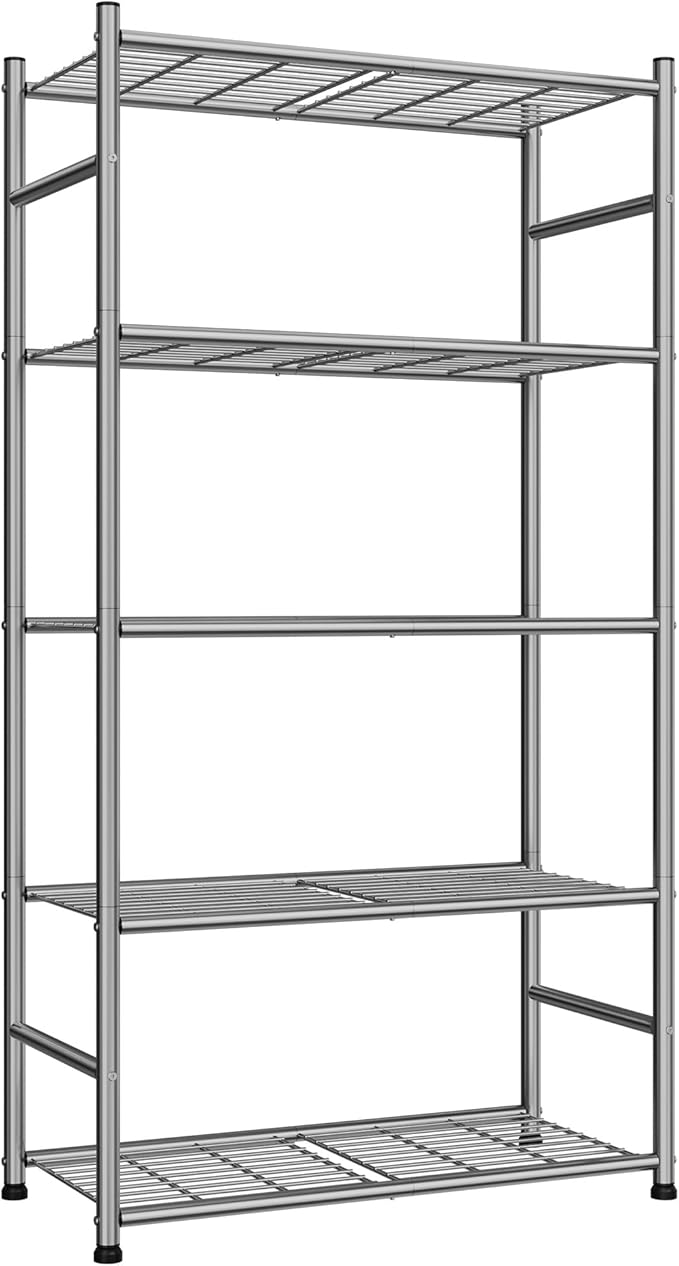 Sakugi Storage Shelves - 5-Tier Metal Storage Shelves with Wall Anchoring Kit & Leveling Feet, Sturdy Steel Shelf Organizer for Kitchen, Laundry Room, Bathroom, 23.6" x 13.7" x 59", Silver