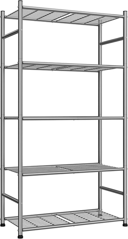 Sakugi Storage Shelves - 5-Tier Metal Storage Shelves with Wall Anchoring Kit & Leveling Feet, Sturdy Steel Shelf Organizer for Kitchen, Laundry Room, Bathroom, 23.6" x 13.7" x 59", Silver