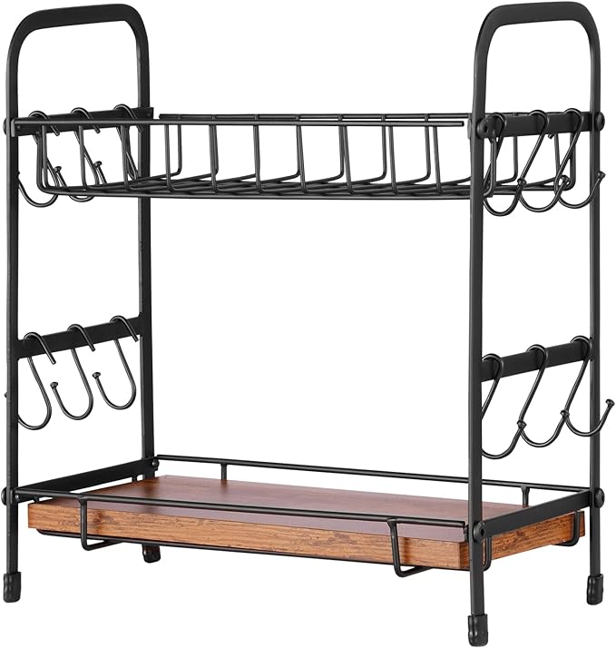 VEVOR 2 Tier Coffee Bar Organizer for Countertop, Multifunctional Mug Holder and Coffee Station, 12 Movable Hooks and 2 Shelves for Coffee Accessories Storage and Display, Home Office (Matte Black)