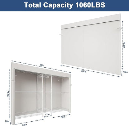 Ulif E12C Max Heavy Duty Closet Organizer System，Freestanding Clothing Rack, Adjustable Garment Rack 83" W x 16" D x 76.5" H Holds 1060 lbs, White Clothing Rack with White Dustproof Cover