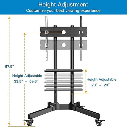 PERLESMITH Rolling TV Stand with Lockable Wheels for 32-86 Inch TVs Holds up to 132 Lbs, Height Adjustable Mobile TV Stand on Wheels with Laptop Shelf, Rolling Tv Cart Max VESA 600x400mm PSTVMC01