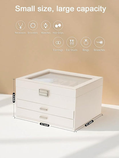 Clear Lid Jewelry Box,3 Layers Jewelry Organizer Large Multi-Functional Jewelry Storage Box with 2 Drawers,Jewelry Display Case of Rings Earrings Necklace Bracelets for Women Girls (Light gold)