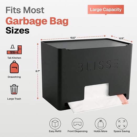 Blisse Trash Bag Holder Dispenser, Black | 13-33 Gallon Rolls, Heavy-Duty Steel, Under Sink Kitchen Storage, Wall Mount or Countertop, Easy One-Hand Dispensing