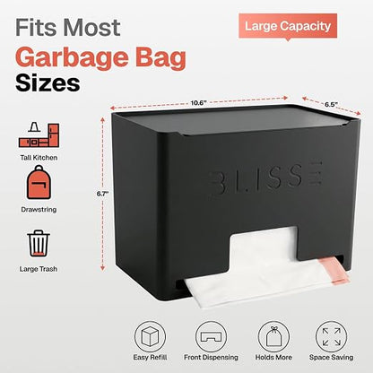Blisse Trash Bag Holder Dispenser, Black | 13-33 Gallon Rolls, Heavy-Duty Steel, Under Sink Kitchen Storage, Wall Mount or Countertop, Easy One-Hand Dispensing