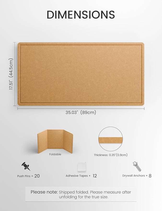Fluxynara Bulletin Board, 35" x 17.5" Cork Board Alternative with 12 Safe Removable Adhesive Tabs, Foldable Felt Pin Board for Home Office, Classroom, Bedroom,Entryway for Walls— Mustard Yellow