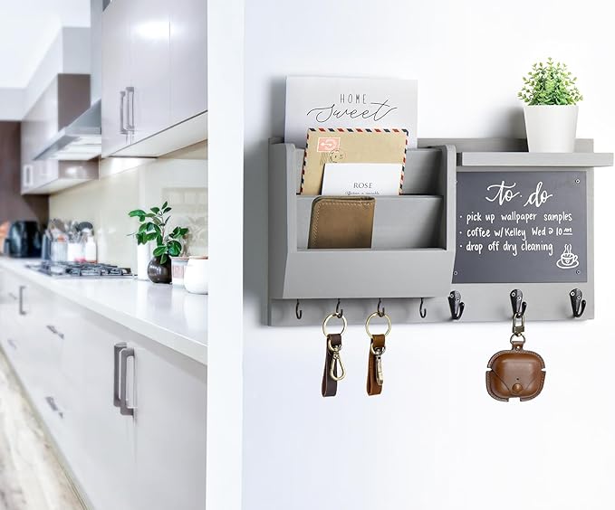 Key Holder for Wall - Mail Holder Organizer Wall Mount with Shelf - Hanging Key Rack Hanger with Hooks Decorative for Home Letter Dog Leash Entryway Living Room Decor